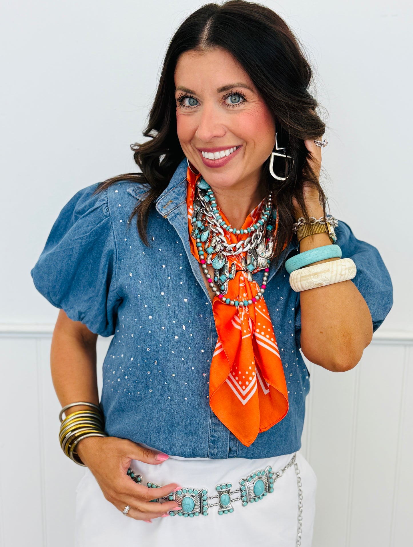 Denim Rhinestone Sparkle Blouse (Reg & Plus)