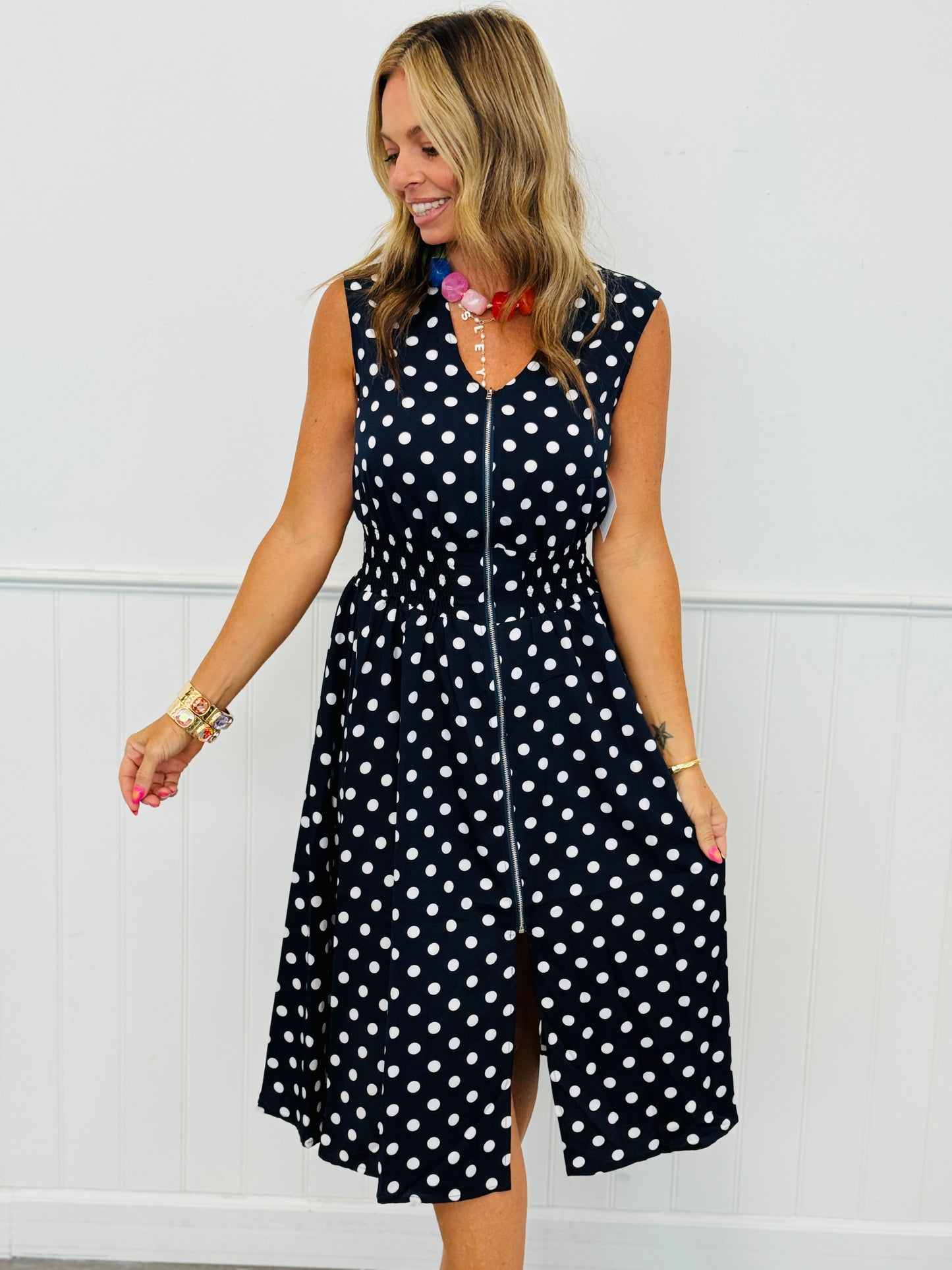 Navy Polka Dot Midi Dress (Reg. and Plus)