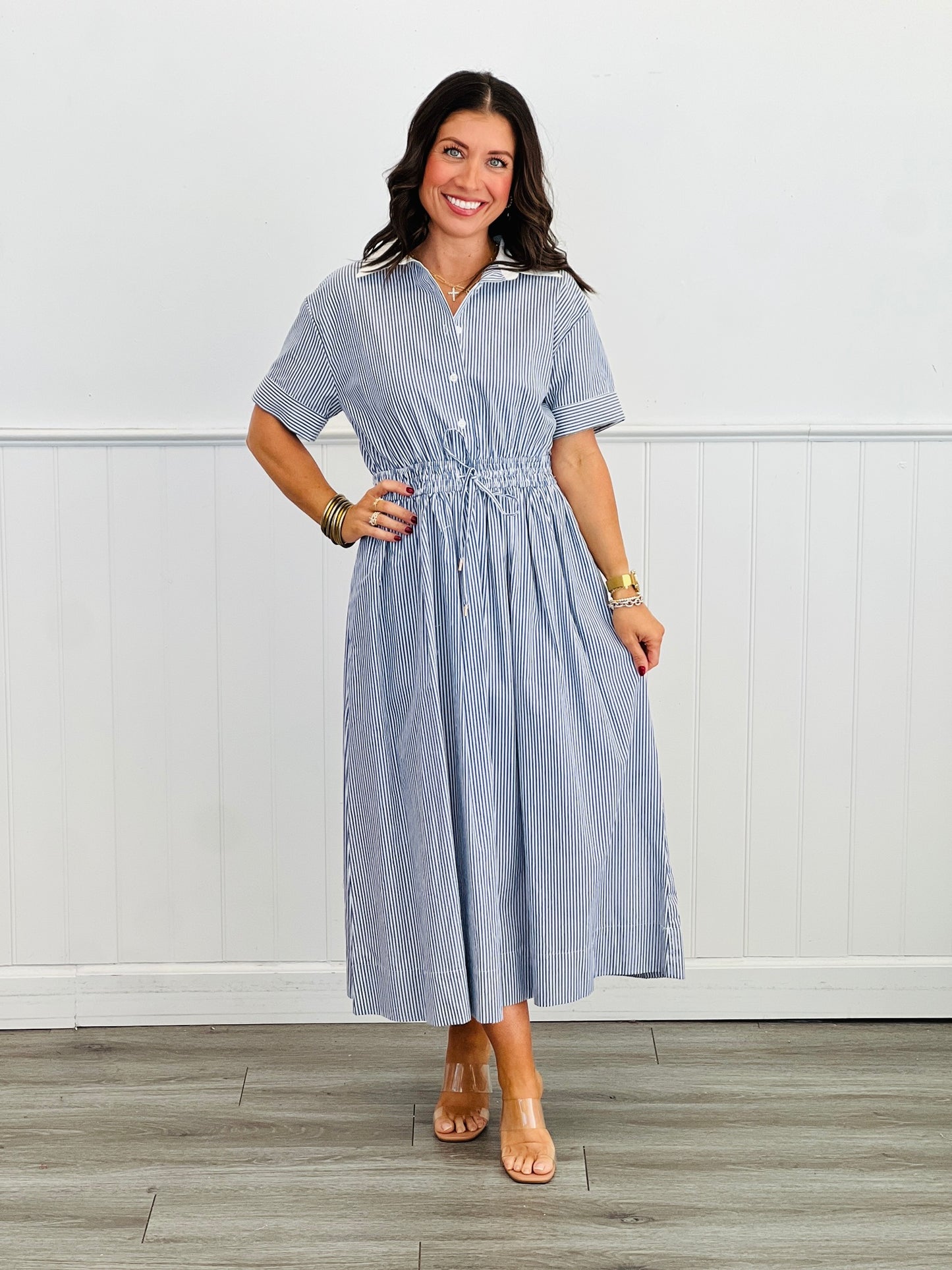 Navy/White Striped Collard Midi Dress (Reg.)