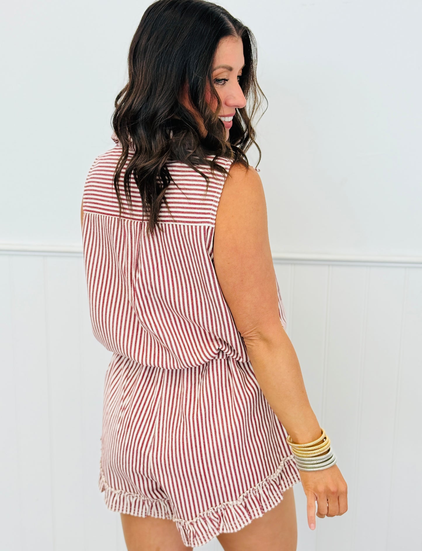 Striped Button Front Sleeveless Romper (Reg. and Plus)