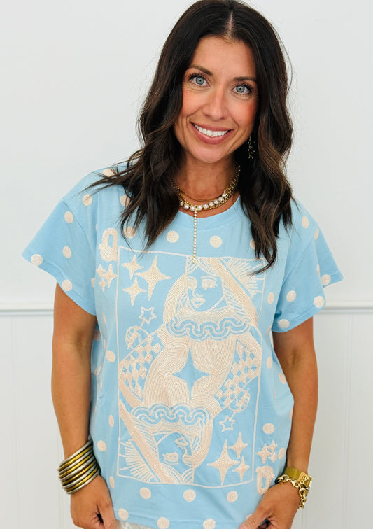 Queen Of Sparkles Light Blue & Ivory Polka Dot Card Logo Tee (Reg. & Plus)