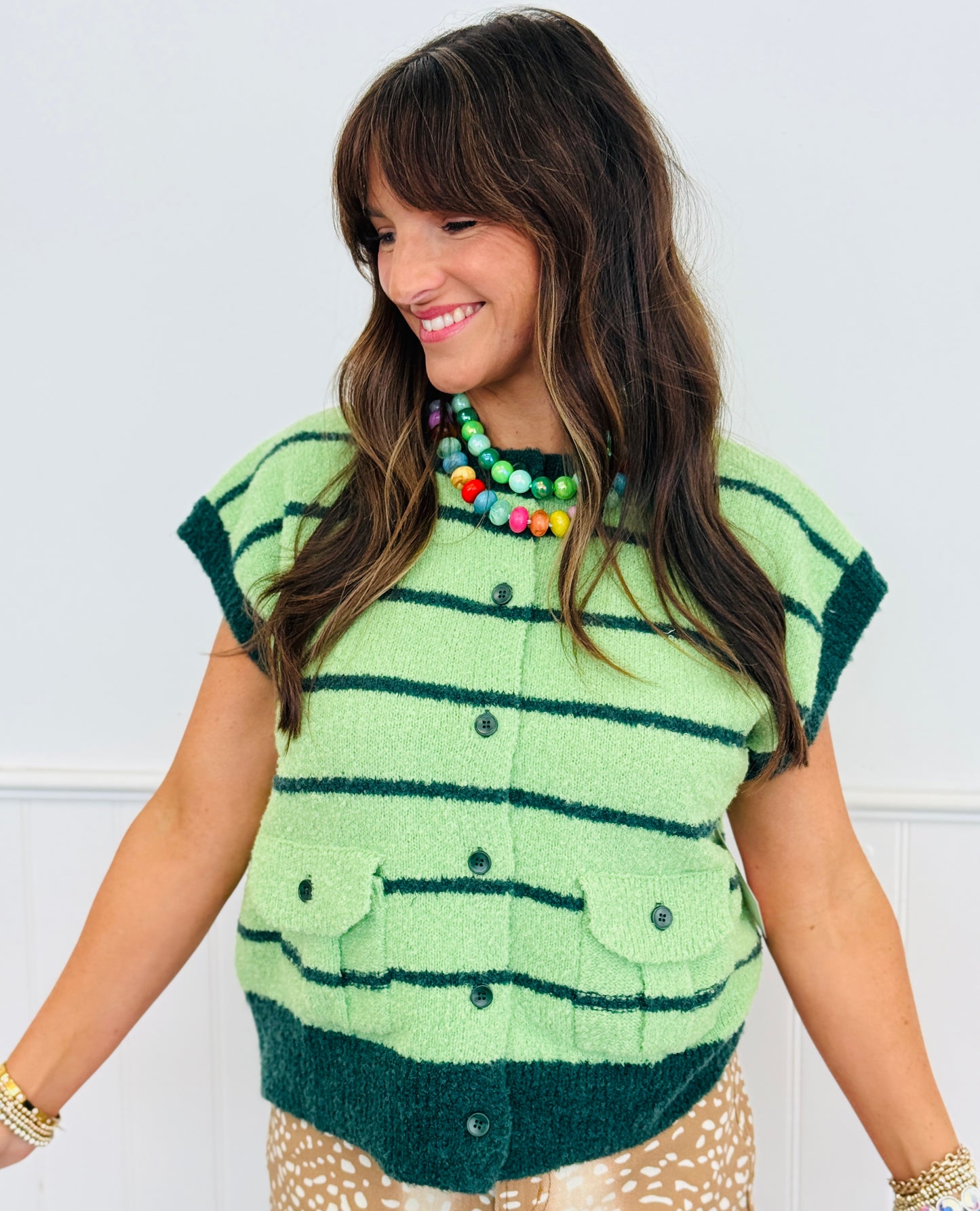 Striped Short Sleeve Button Up Sweater (Reg.) - 2 Colors