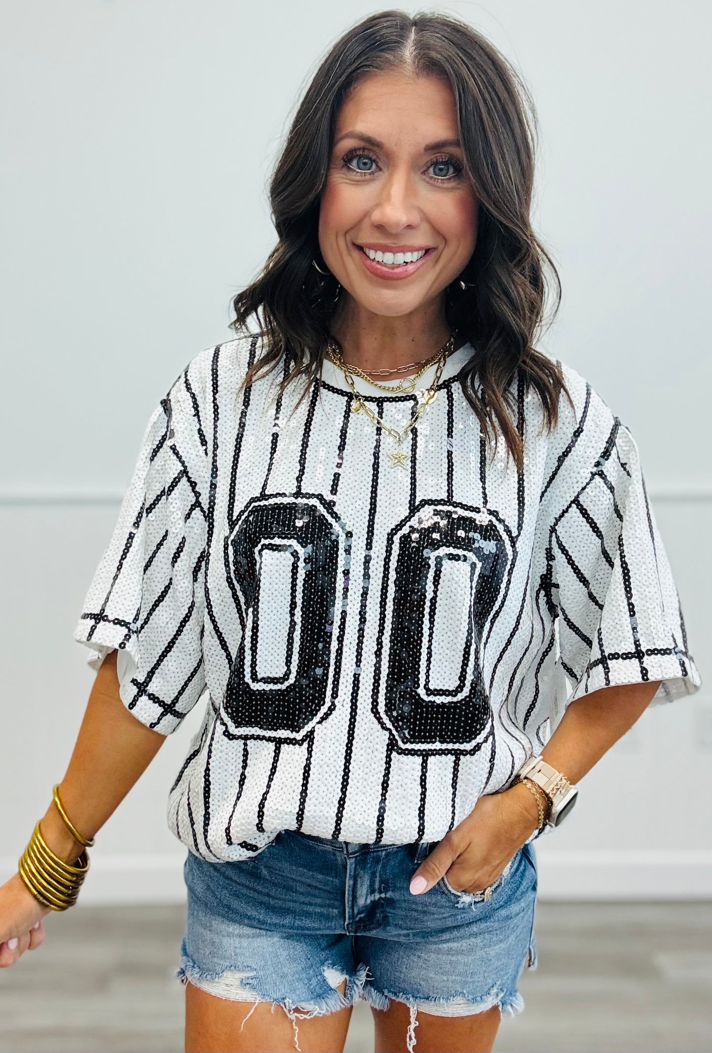 Striped Sequin Number Patch Boxy Top (Reg.)-3 Colors