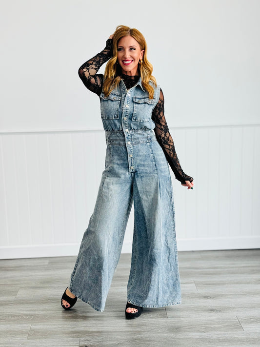 Washed Denim Wide Leg Jumpsuit (Reg)