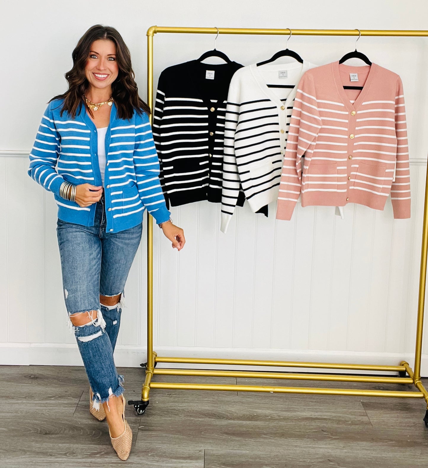 V-Neck Ribbed Striped Cardigan (Reg.) - 4 Colors