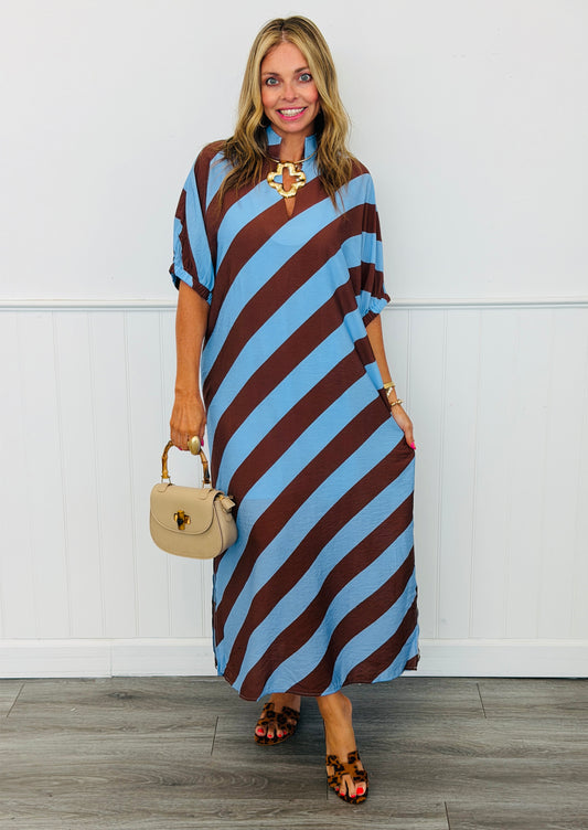 Blue/Brown Diagonal Stripe Midi Dress (Reg.)