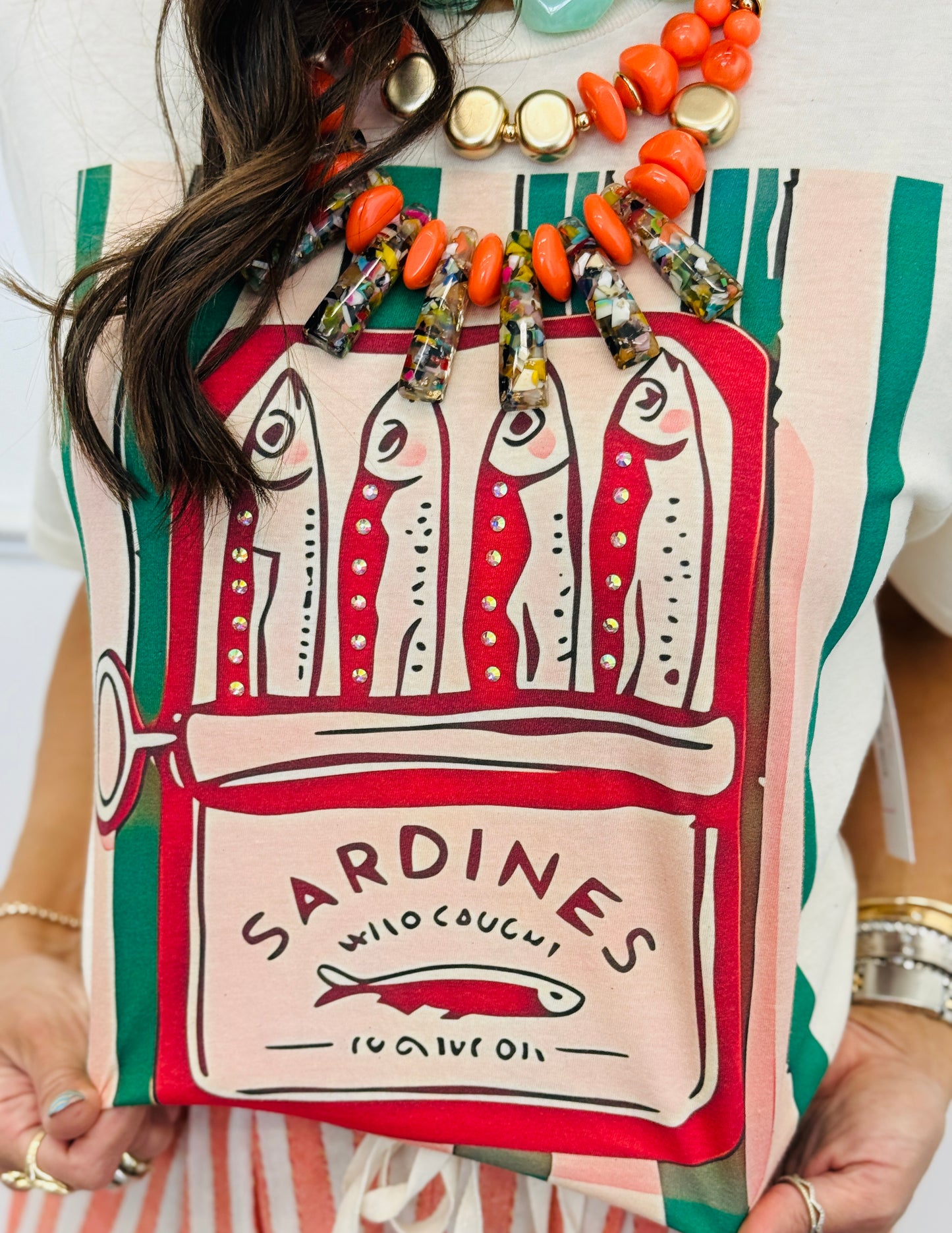 Green Striped Sardines Bling Tee (Reg. and Plus)