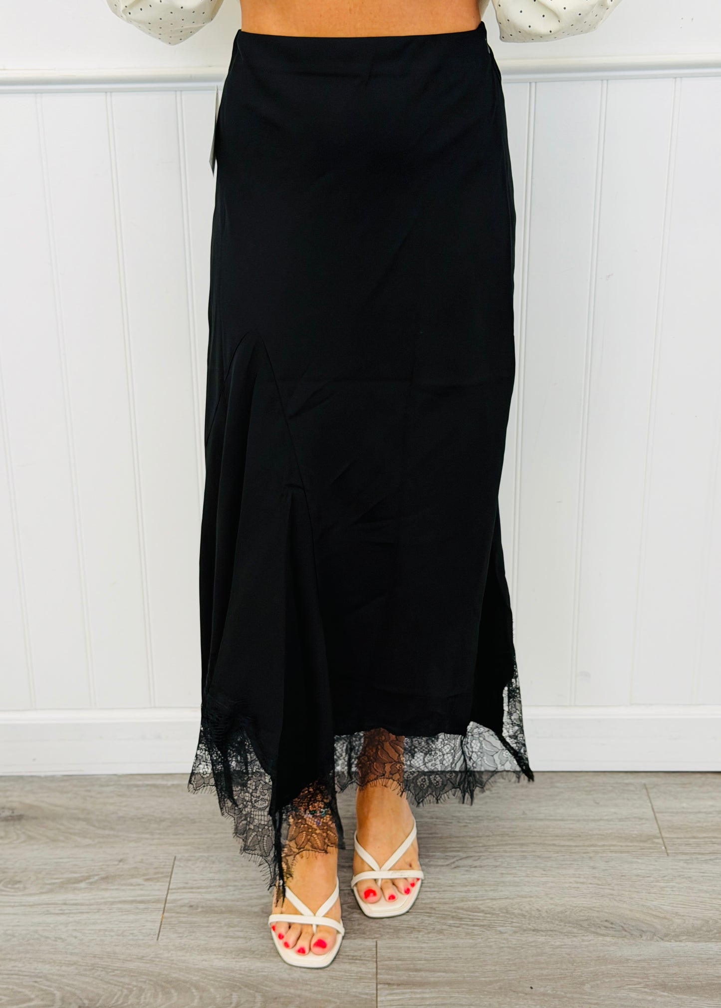 Black Lace Trim Asymmetrical Hem Midi Skirt (Reg. and Plus)