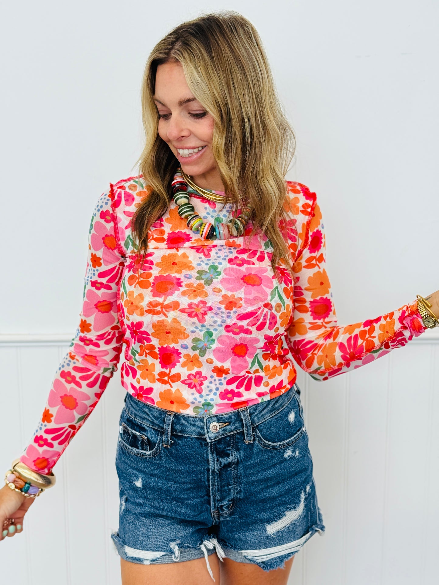 Floral Print Mesh Blouse (Reg.) - 4 Colors