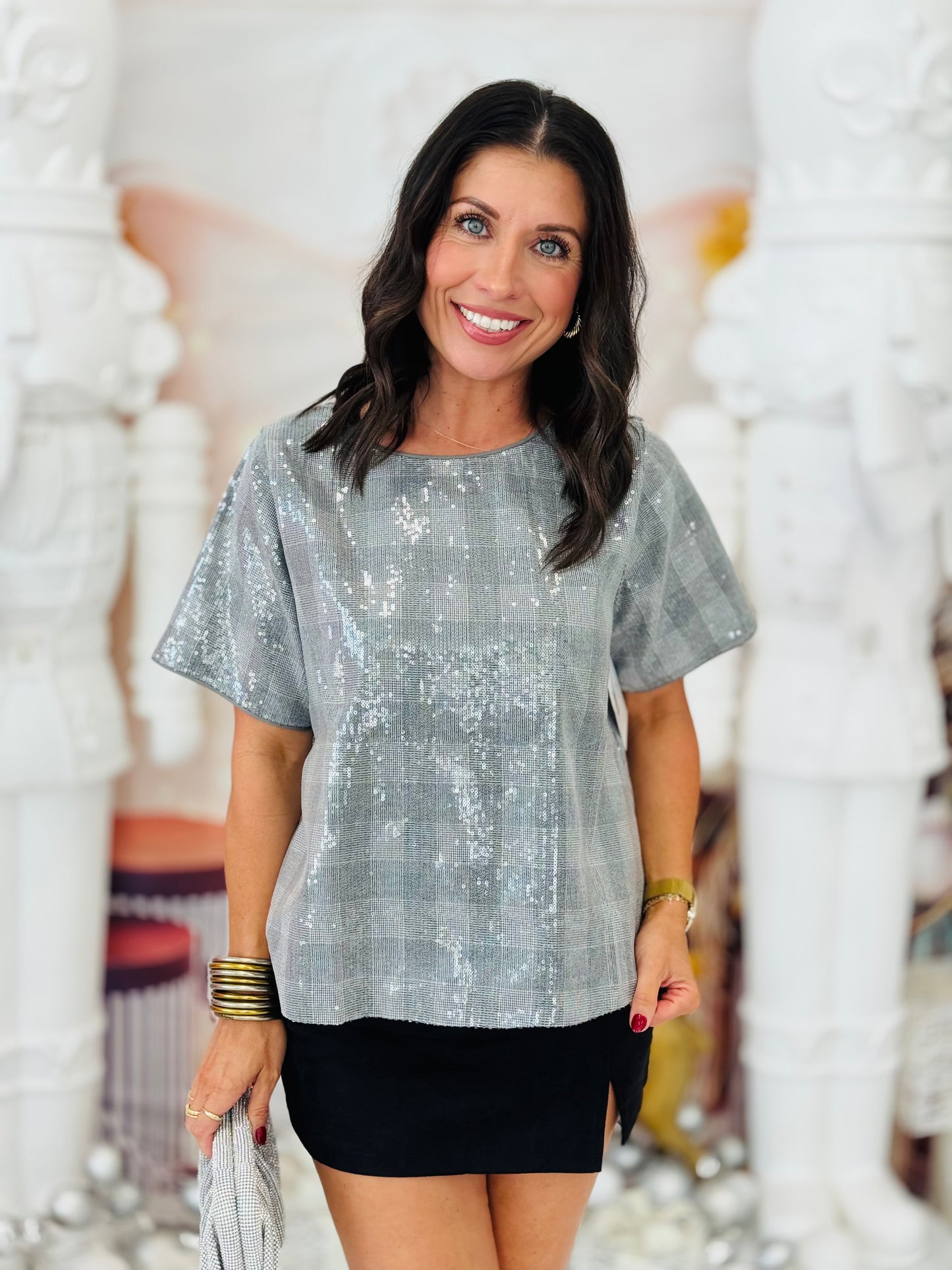 Silvery Black Plaid Sequined Blouse (Reg. & Plus)