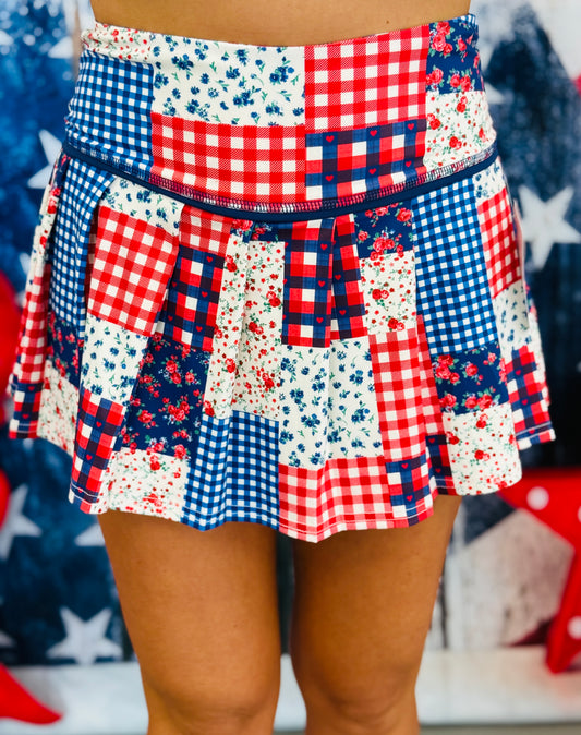 Cobalt/Red Gingham Floral Patchwork Skort (Reg.)