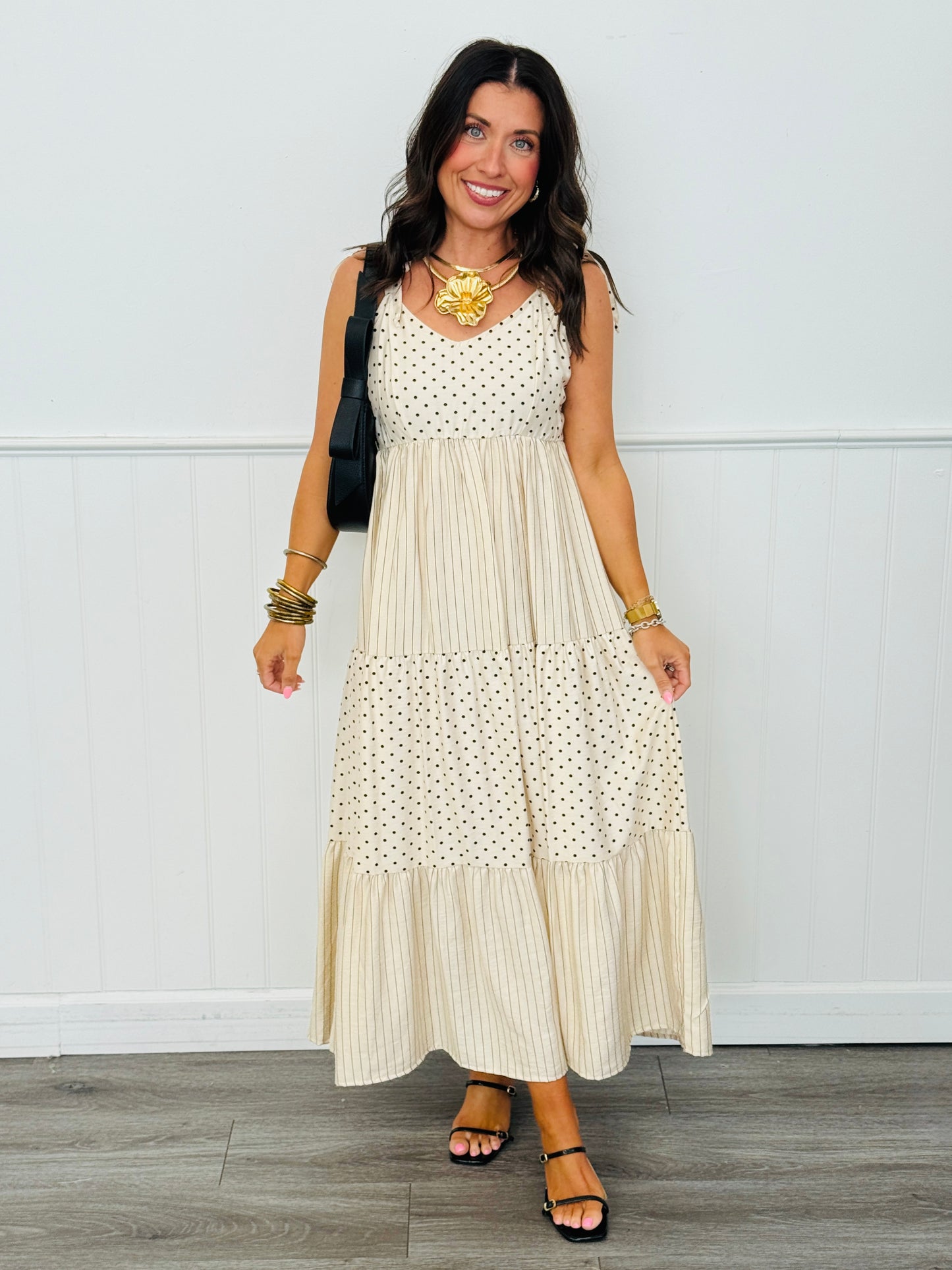 Natural Mixed Pattern Strappy Midi Dress (Reg & Plus)