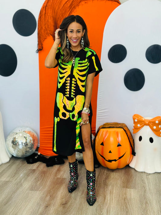 Queen Of Sparkles Black & Iridescent Green Skeleton Tee Dress (Reg. and Plus)