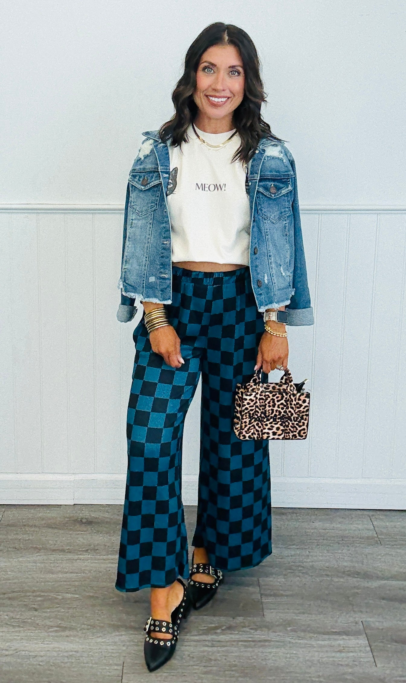 Teal/Black Checkered Print Top and Pants Set (Reg. and Plus)