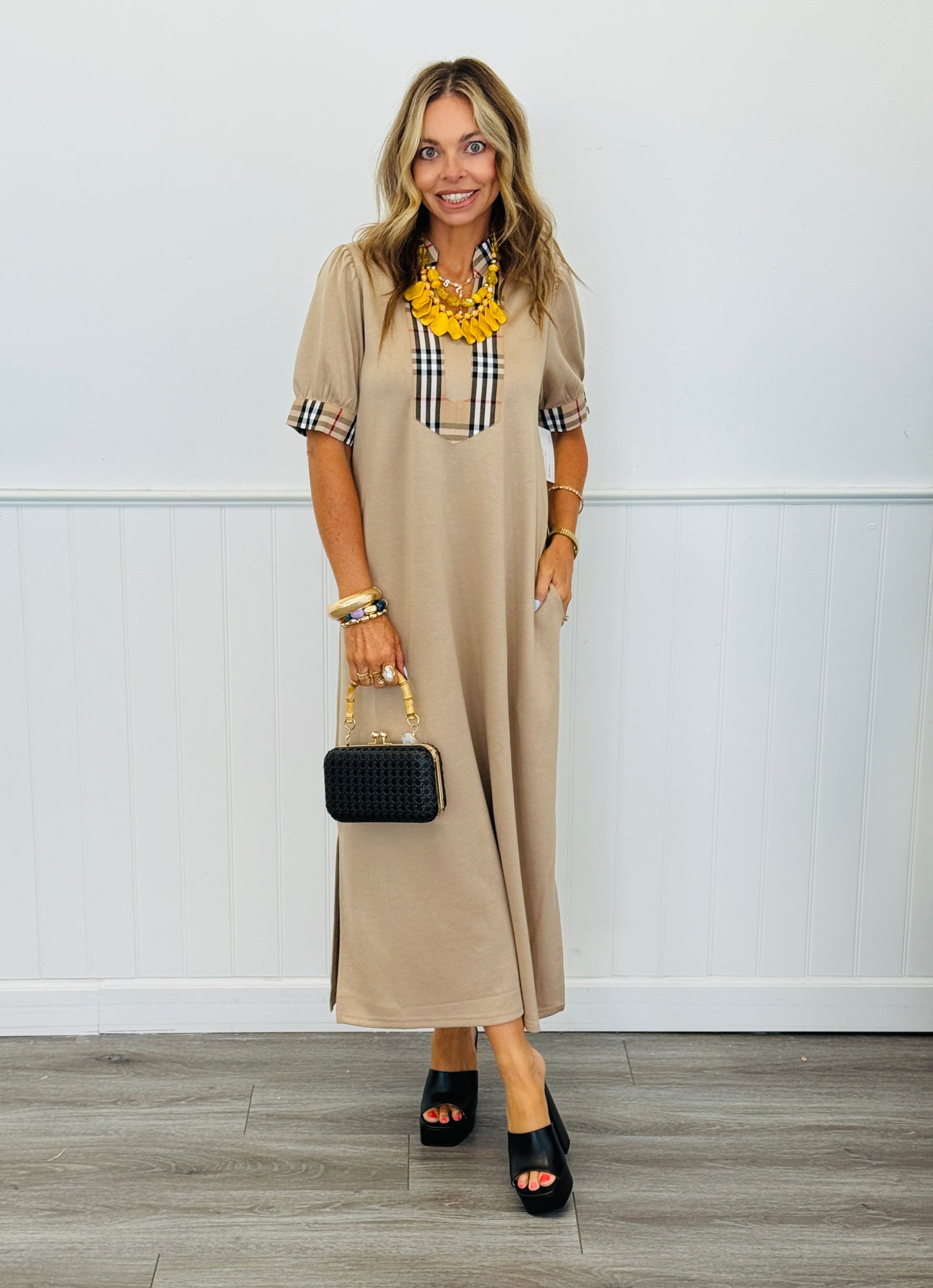 Taupe Contrast Check Plaid Midi Dress (Reg.)