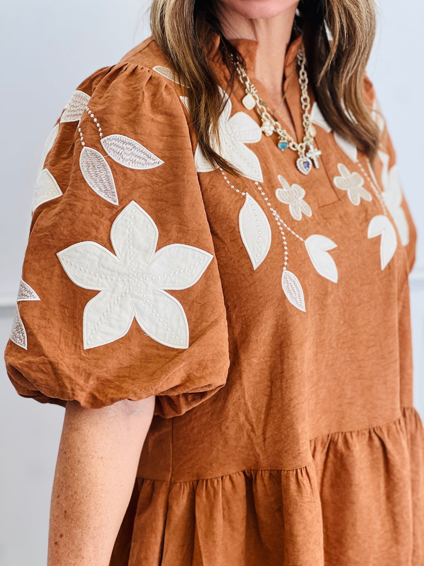 Camel Floral Applique Mini Dress (Reg & Plus)