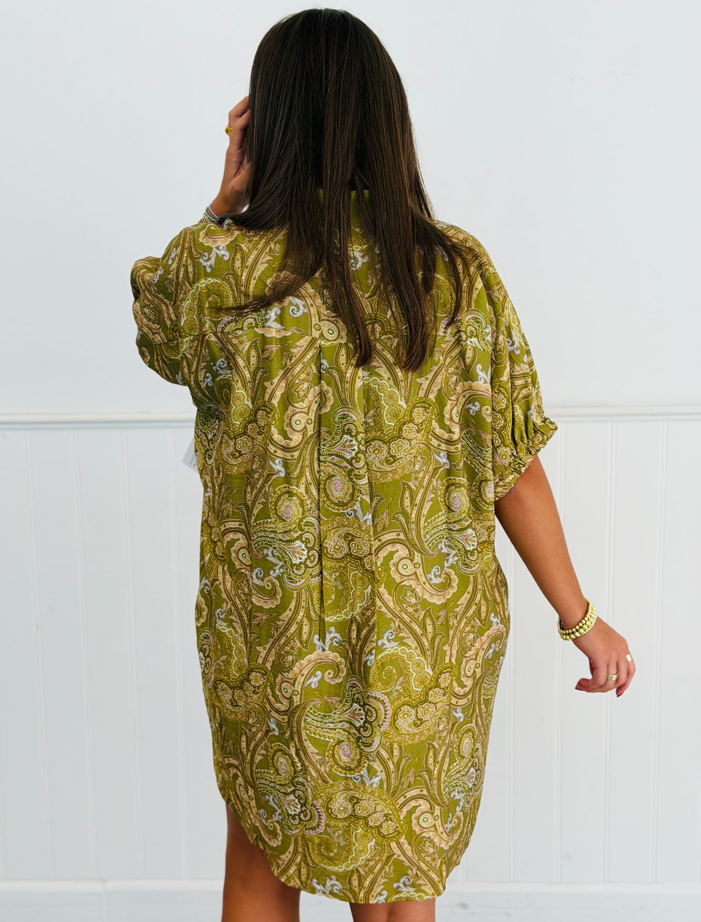 Sage Paisley Print Mini Shift Dress (Reg & Plus)