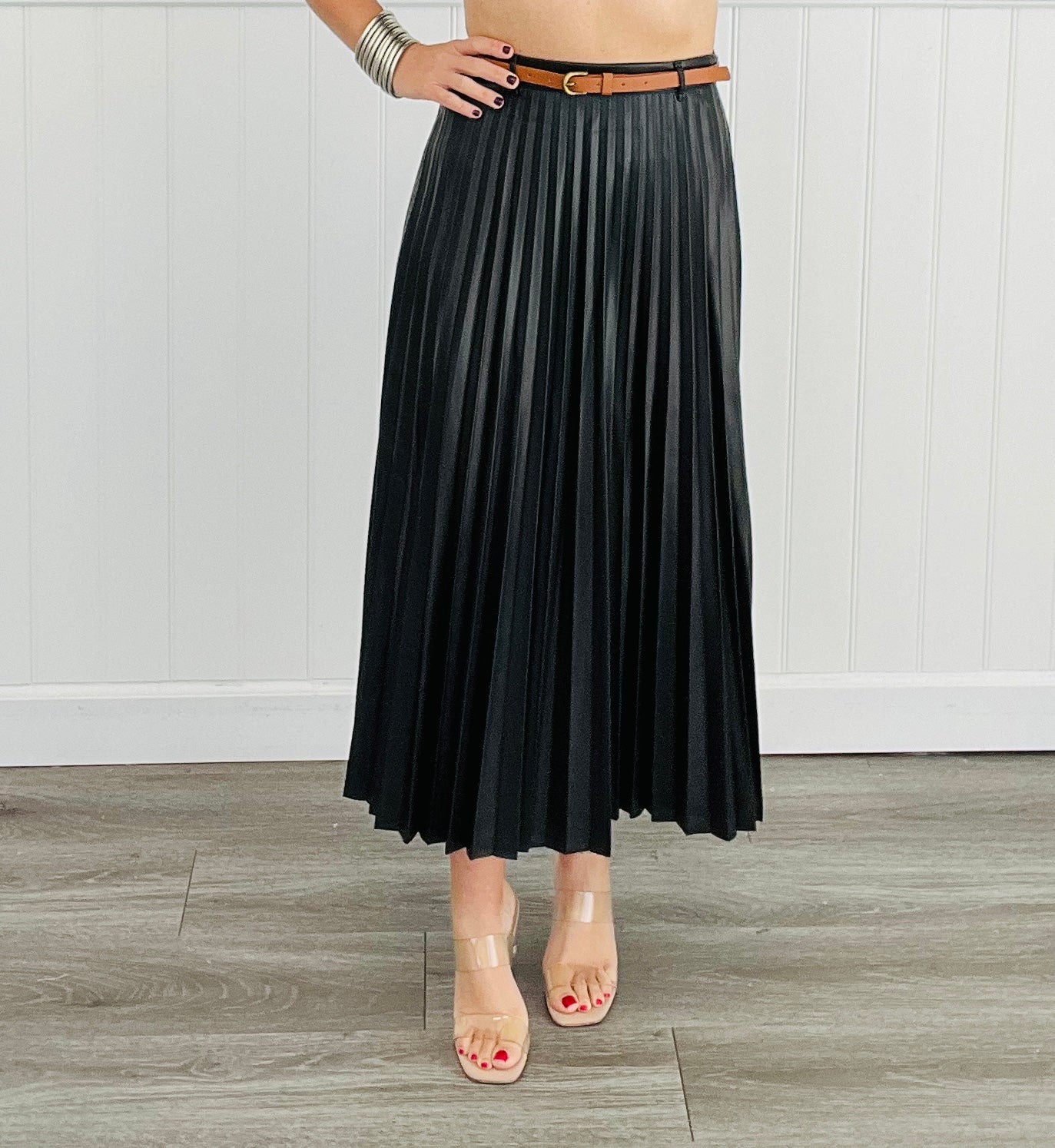 Belted Faux Leather Pleated Midi Skirt (Reg)-2 Colors