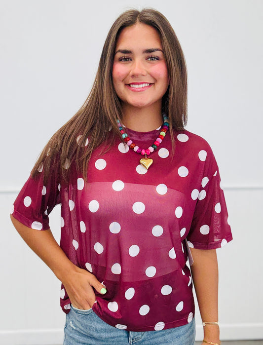 Burgundy Polka Dot Emma Mesh Tee (Reg. and Plus)