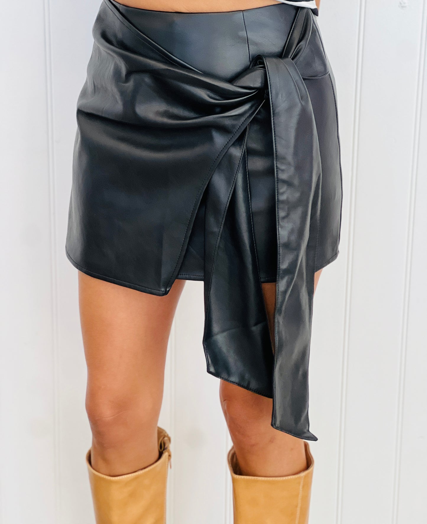 Black Faux Leather Wrap Mini Skort (Reg.)