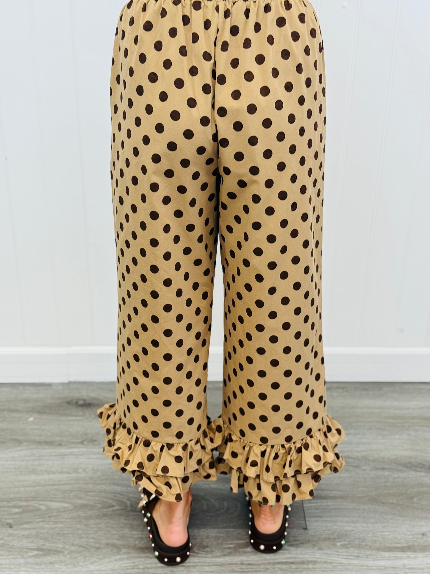 Taupe/Brown Ruffled Hem Polka Dot Pants (Reg.)