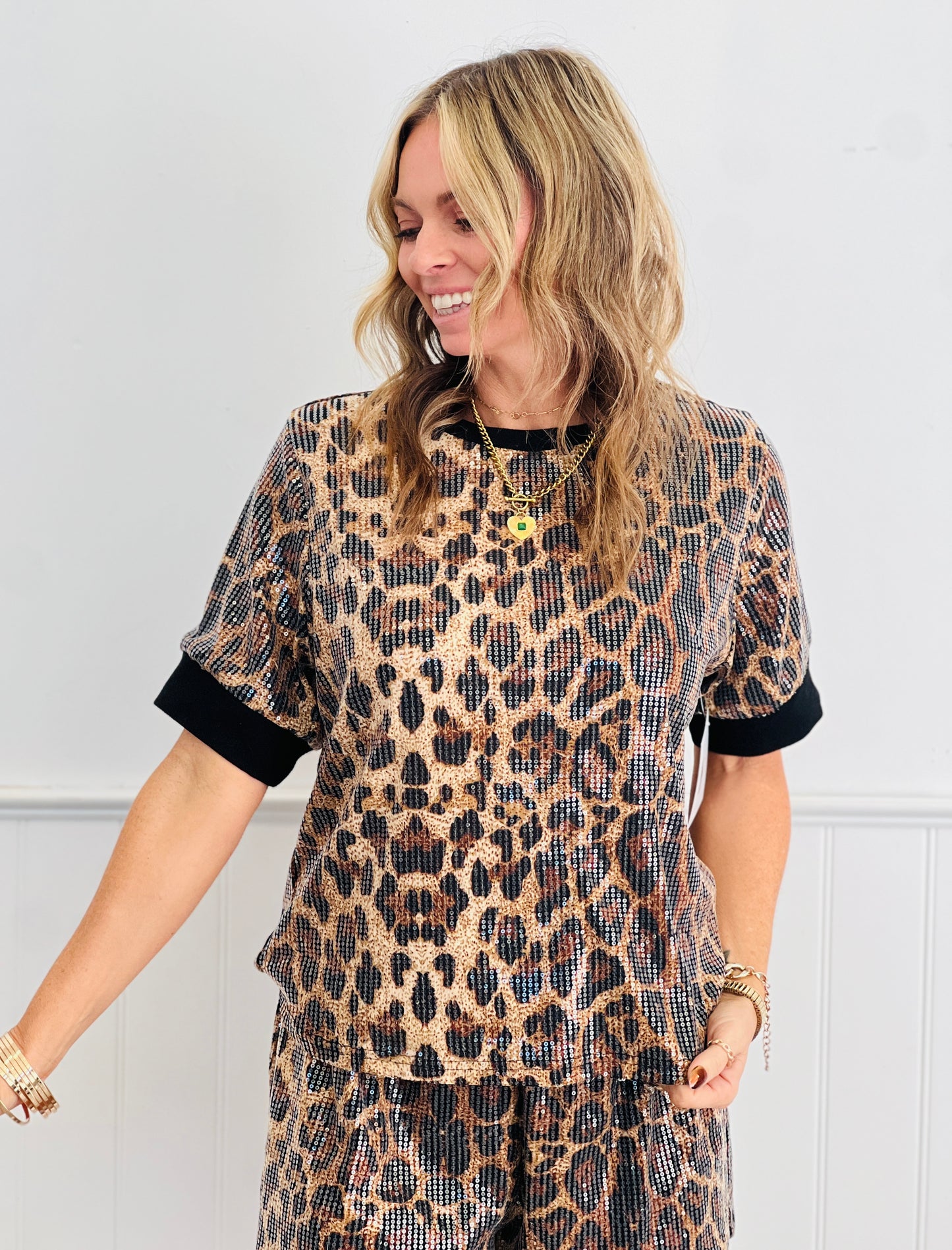 Leopard Sequin Short Sleeve Top (Reg. and Plus) - 2 Colors