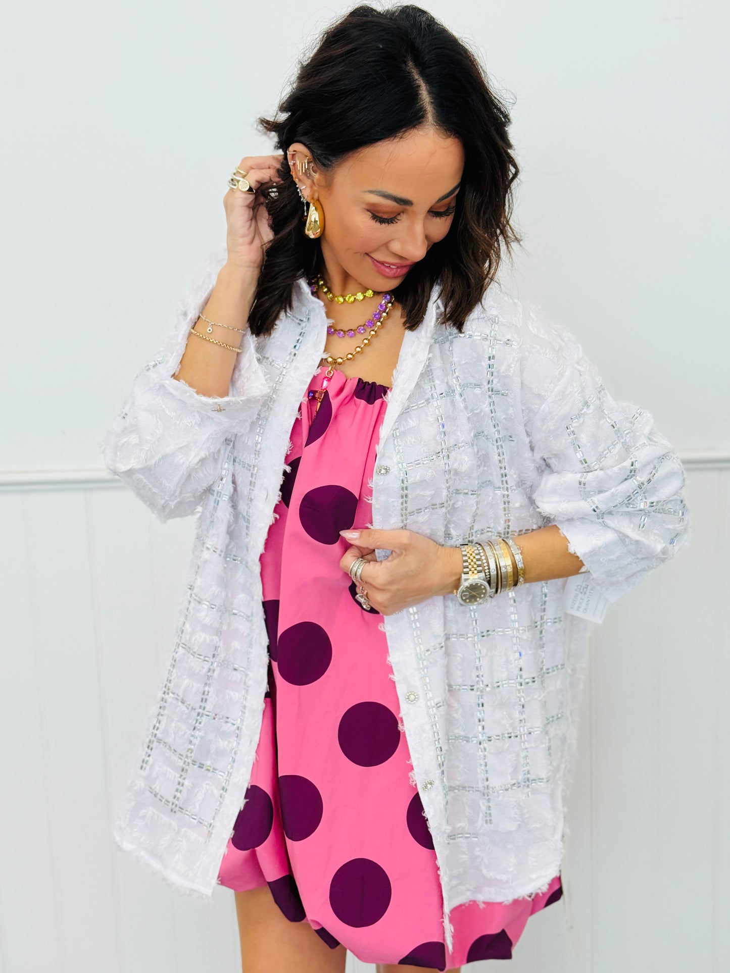 White Rhinestone Embellished Button Up Top (One Size)