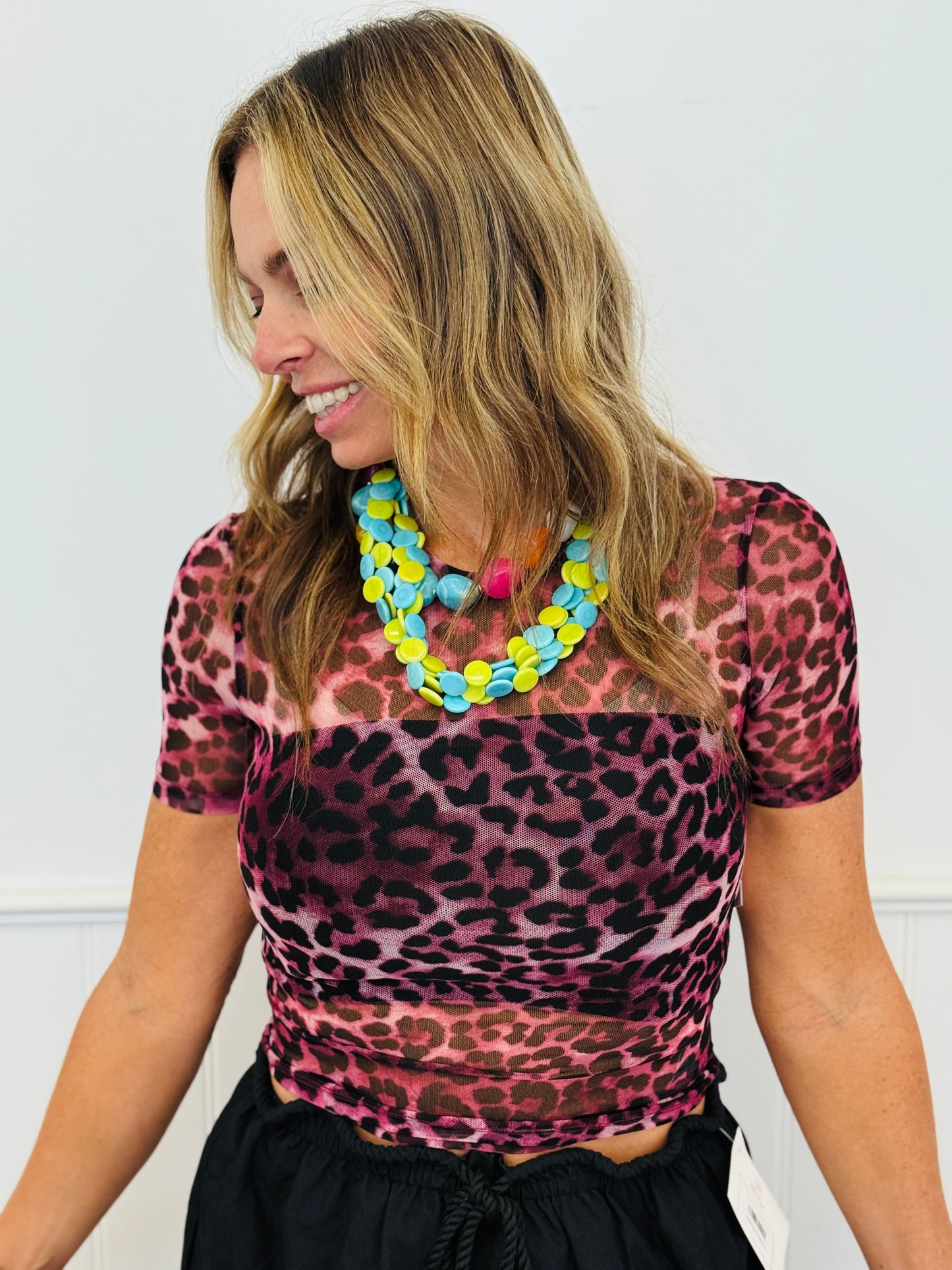 Fuchsia Leopard Mesh Short Sleeve Top (Reg.)