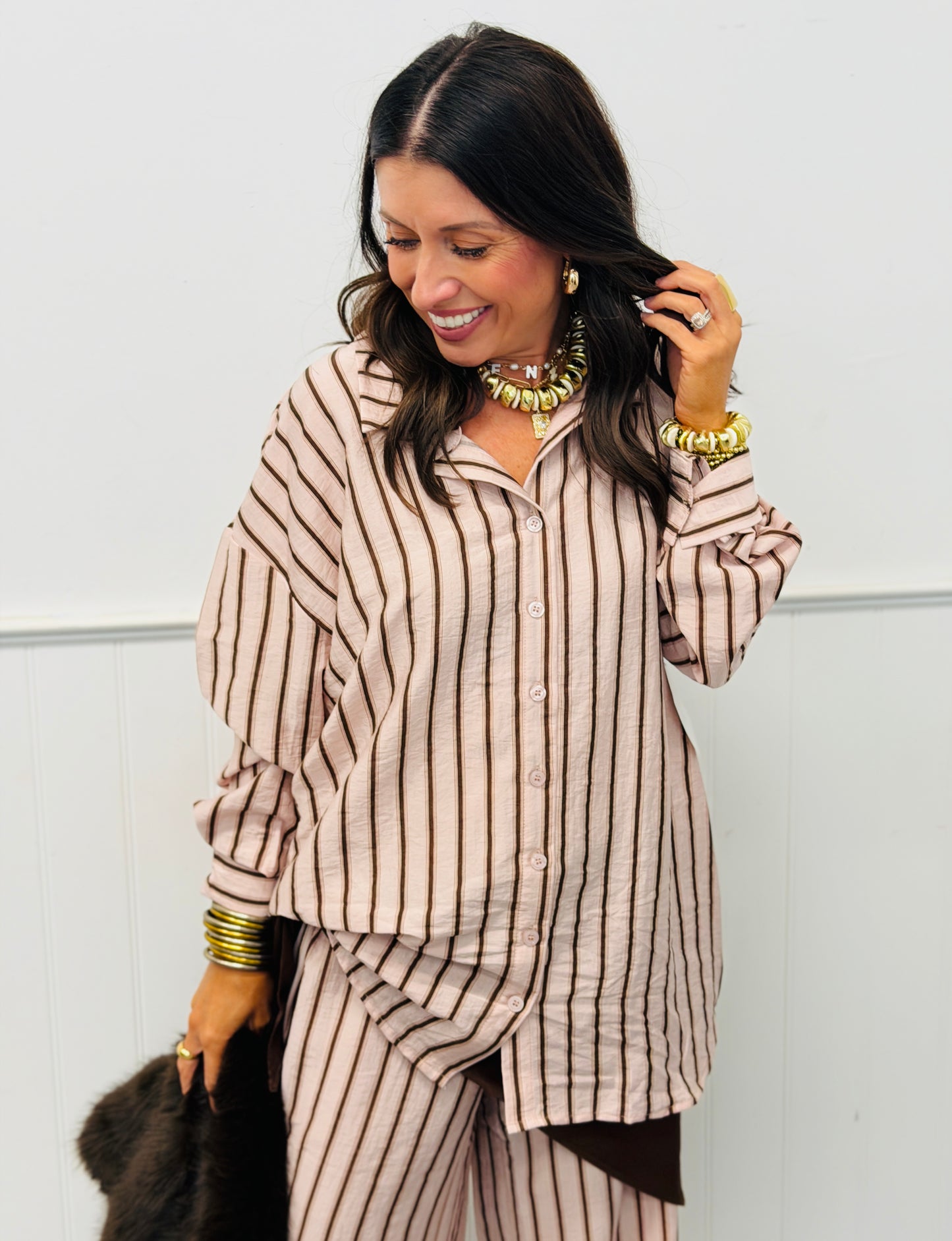 Pink Stripe Button Down Shirt, Pant & Scarf Set (Reg.)