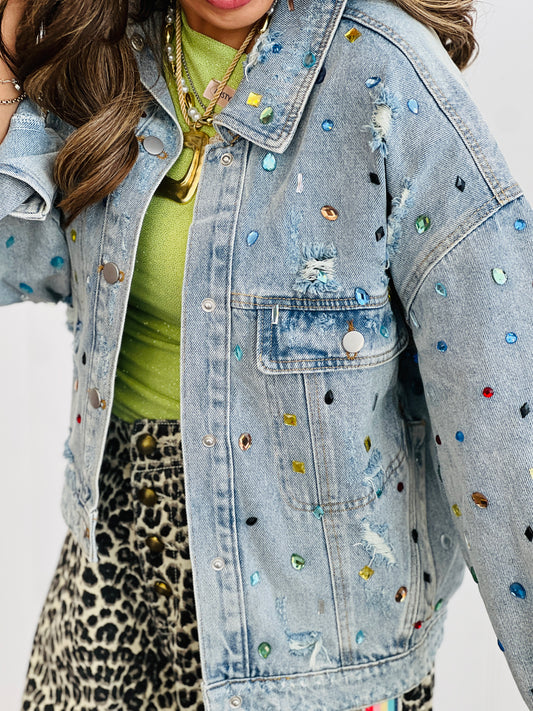 Light Denim Multi Jewels Embellished Jacket (Reg. and Plus)