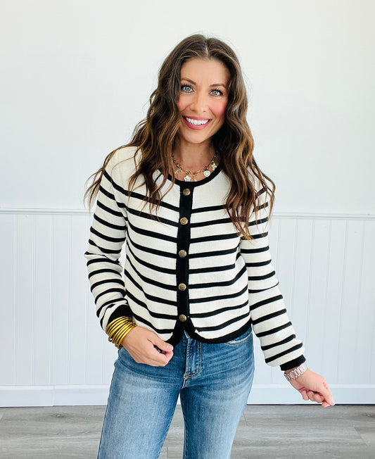 Ivory Striped Round Neck Button Down Cardigan (Reg.)