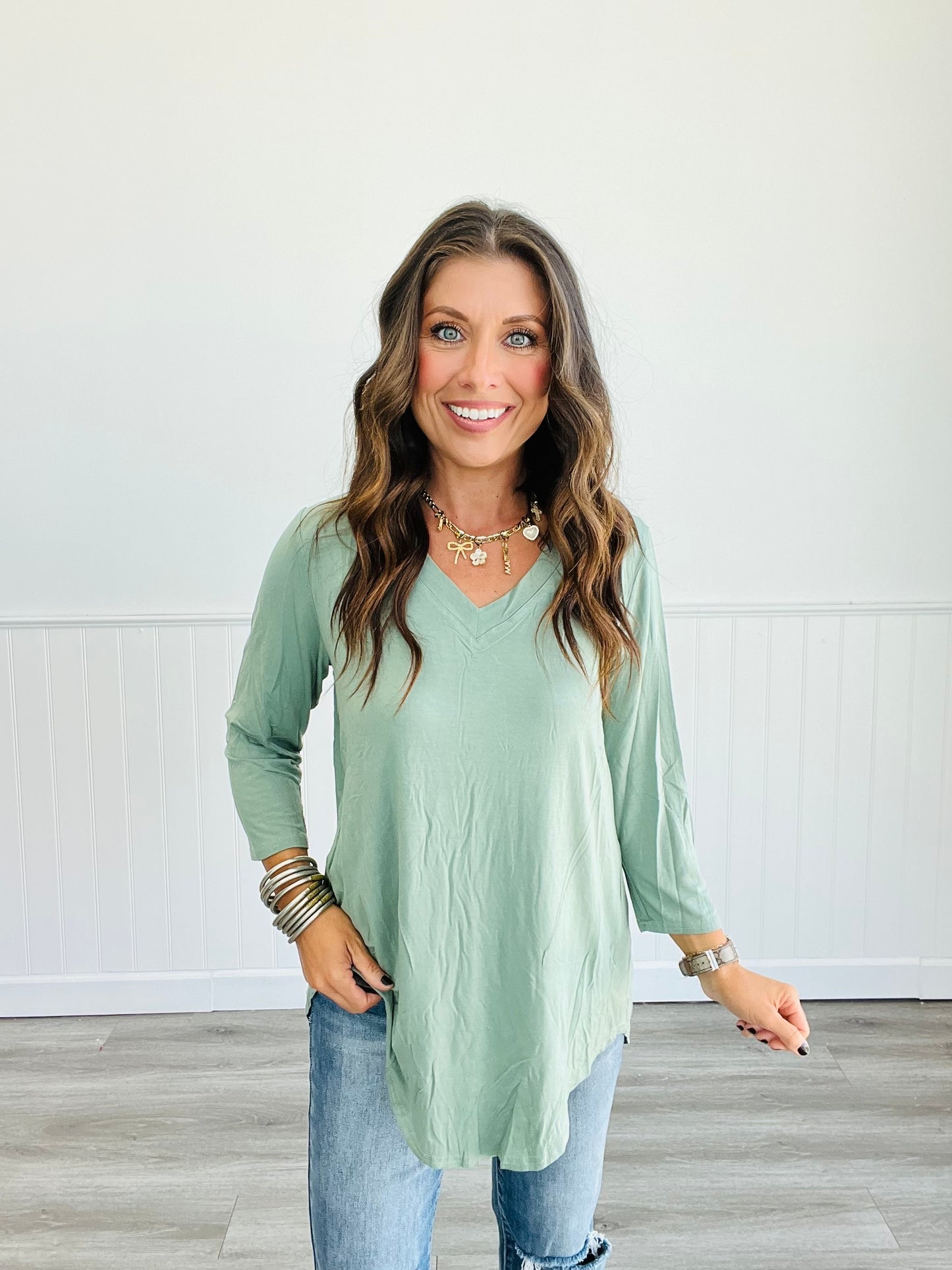 Solid V-Neck Mid Sleeve Top (Reg. & Plus)- 13 Colors