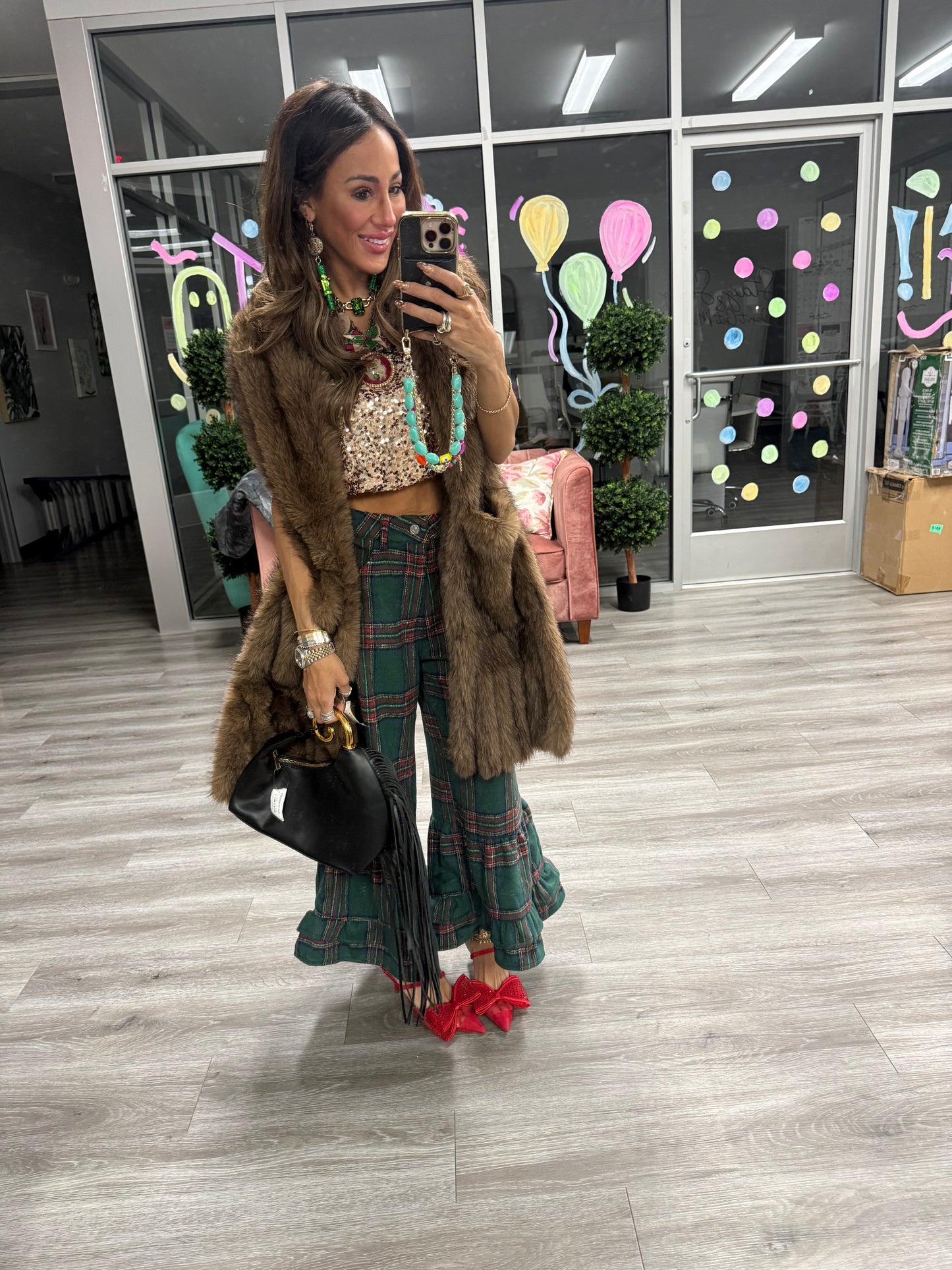 Hunter Green Plaid Ruffle Wide Leg Pants (Reg.)