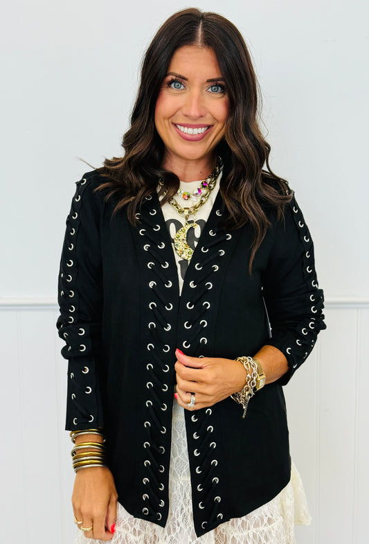 Black Suede Lace Up Cardigan (Reg. and Plus)