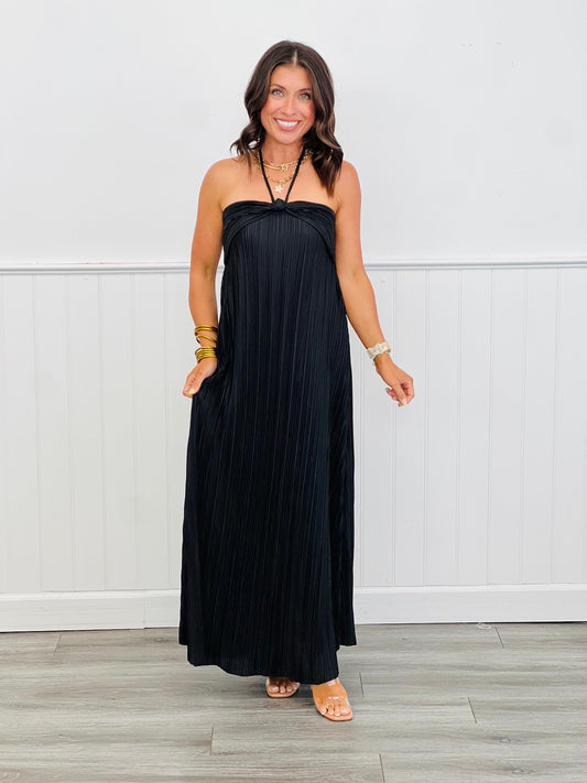 Black Plisse Halter Neck Dress (Reg.)