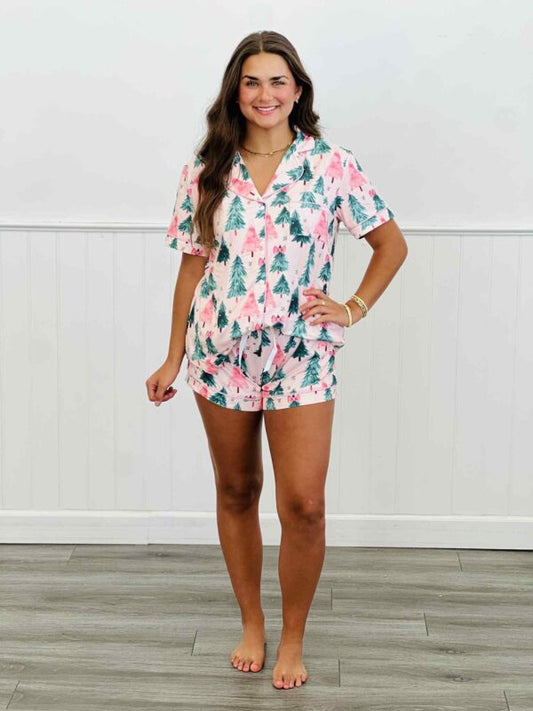 Pink Trees Button Down PJ Shorts Set (Reg. & Plus)
