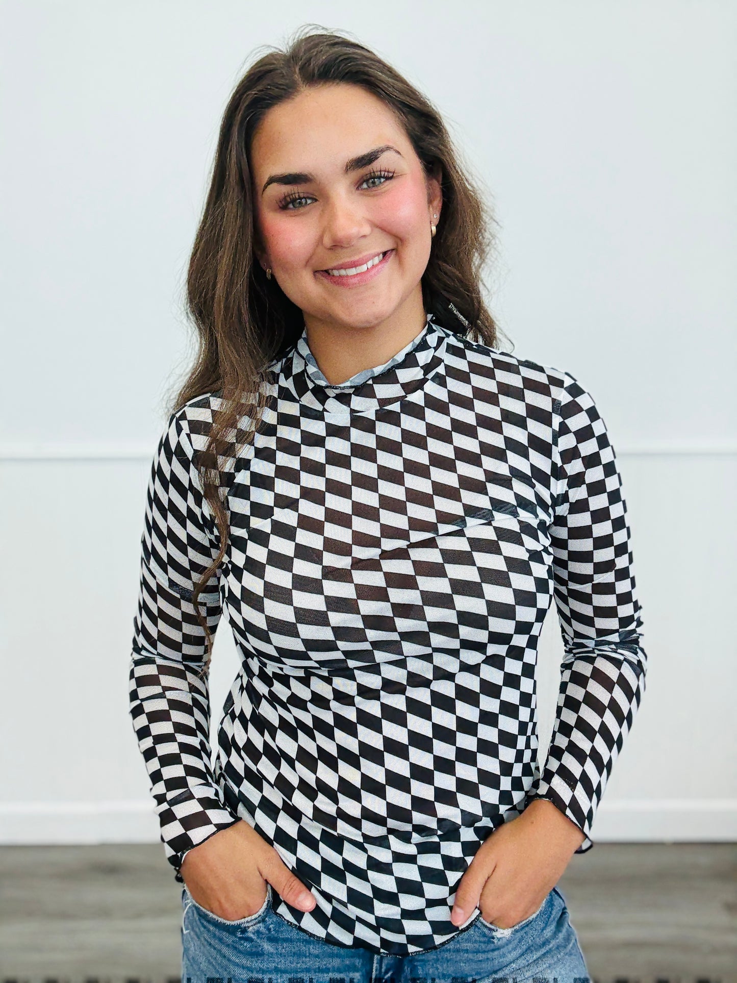 Checkered Mesh Long Sleeve Top (Reg & Plus)-3 Colors