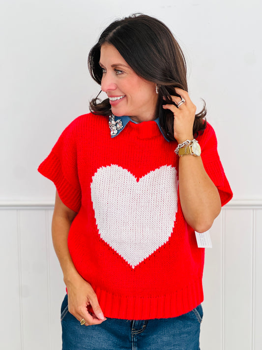 Red/Ivory Heart Short Sleeve Sweater (Reg & Plus)