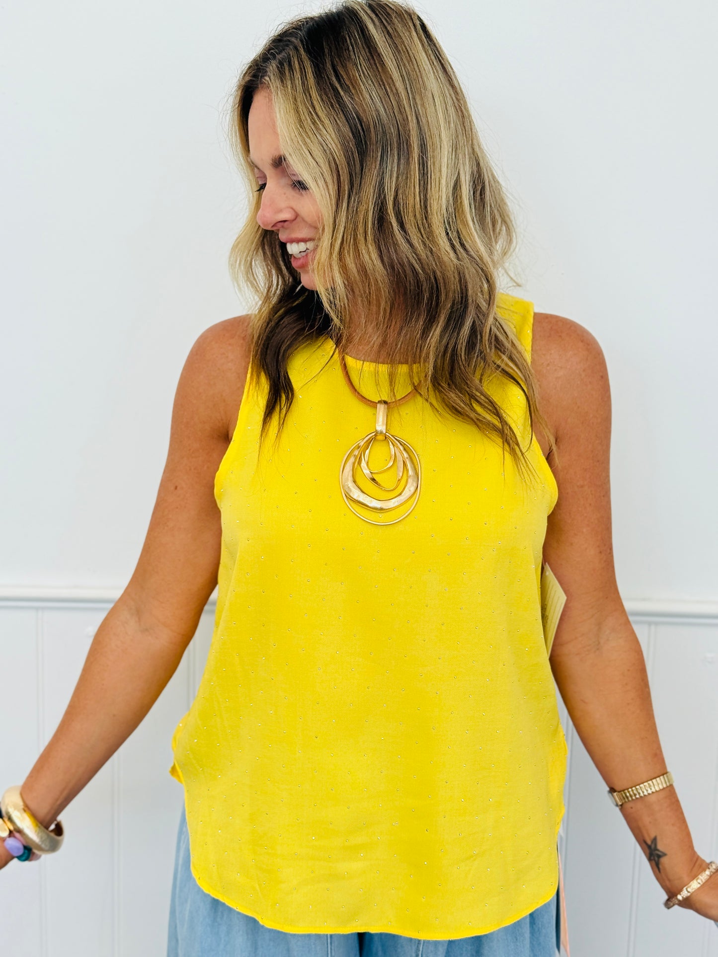 Yellow Rhinestone Sleeveless Blouse (Reg. and Plus)