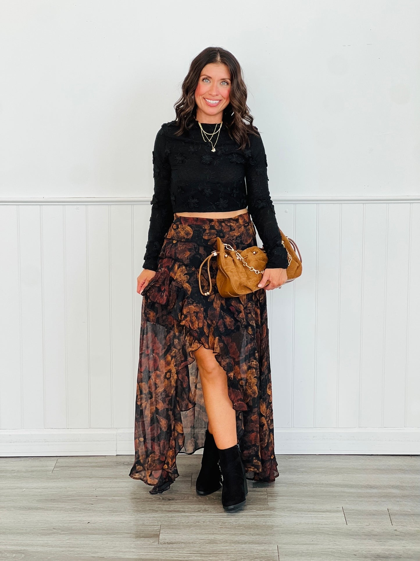 Black Floral Ruffle Midi Skirt (Reg. and Plus)