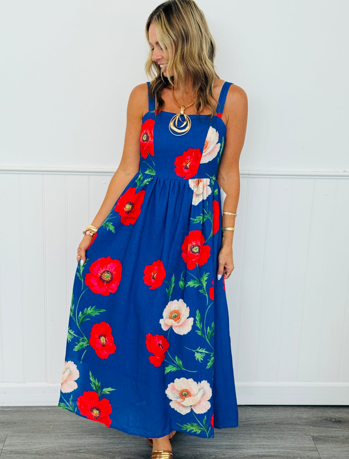 Cobalt Multi Bold Poppy Midi Dress (Reg & Plus)