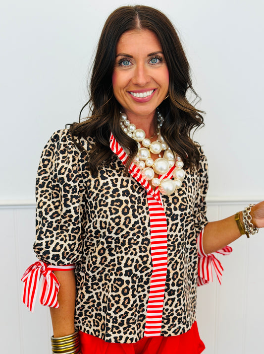 Leopard/Red Stripes Cassidy Tie Sleeve Top (Reg. and Plus)