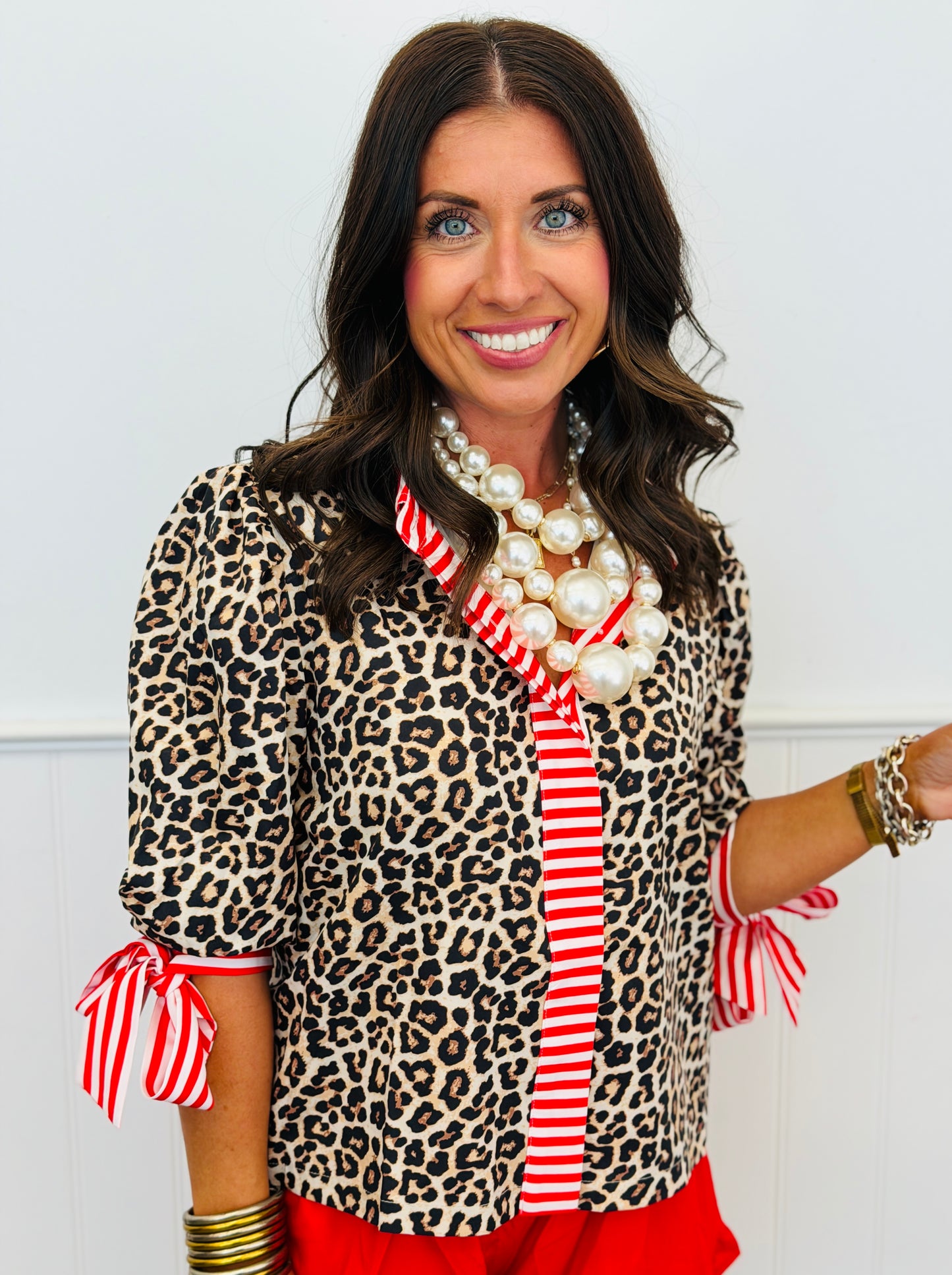 Leopard/Red Stripes Cassidy Tie Sleeve Top (Reg. and Plus)