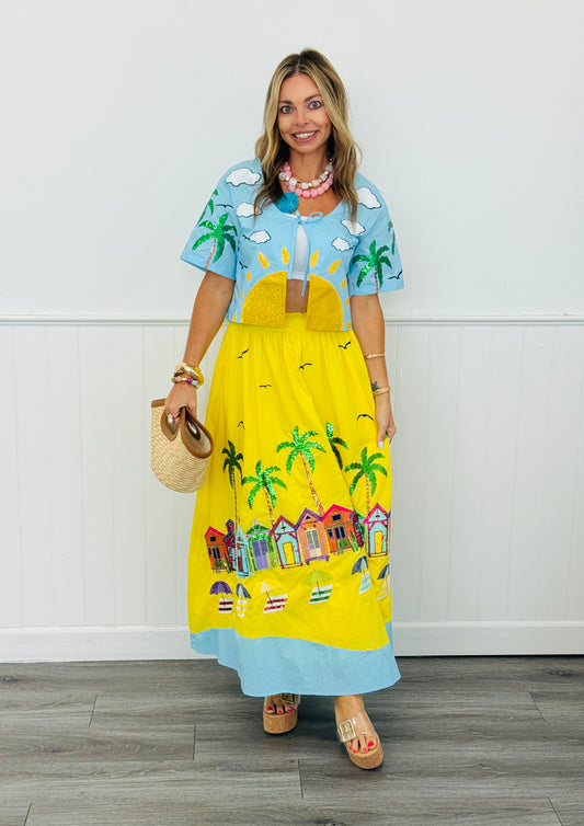 Queen Of Sparkles Yellow Beach Scene Midi Skirt (Reg. & Plus)