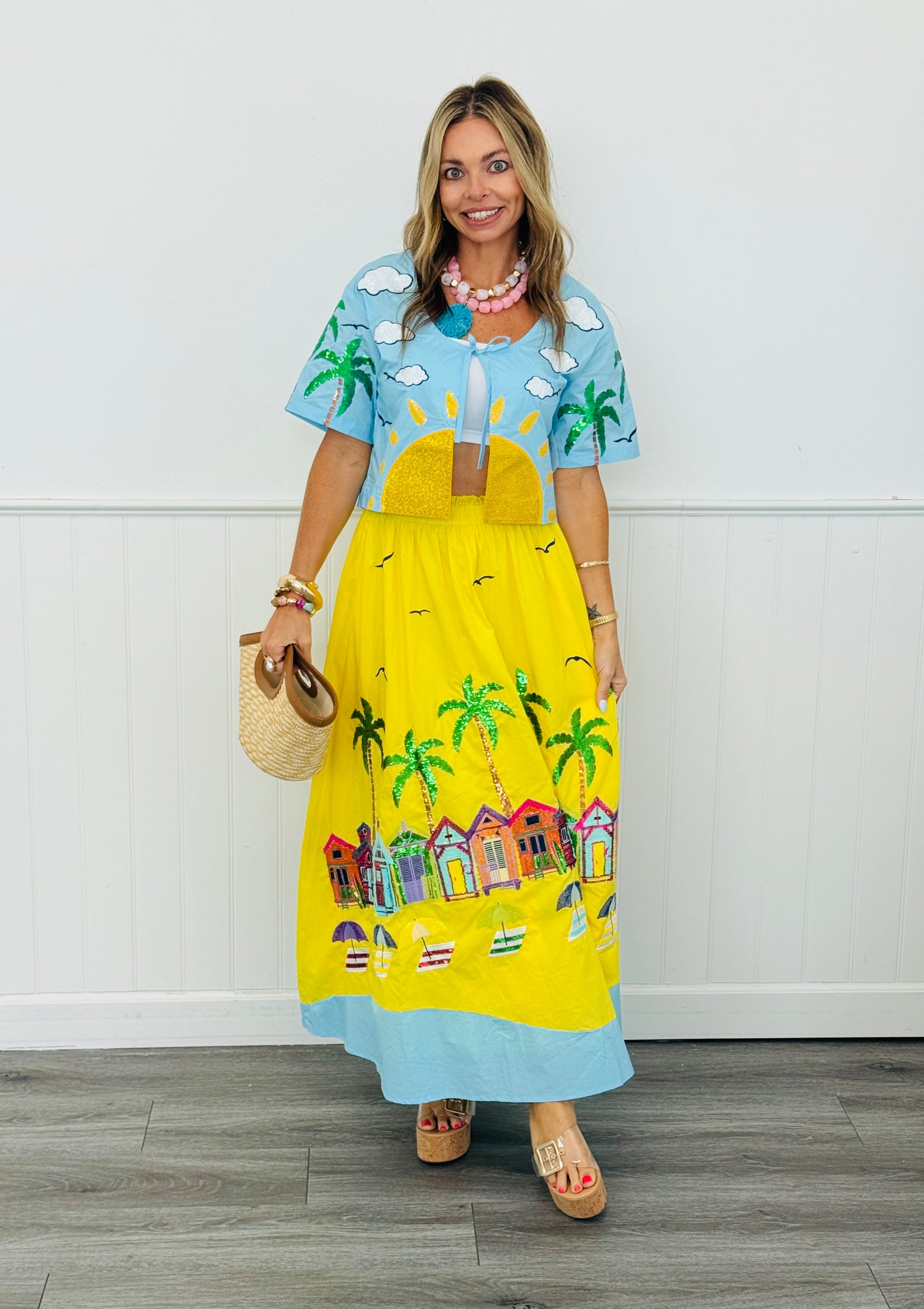 Queen Of Sparkles Yellow Beach Scene Midi Skirt (Reg. & Plus)