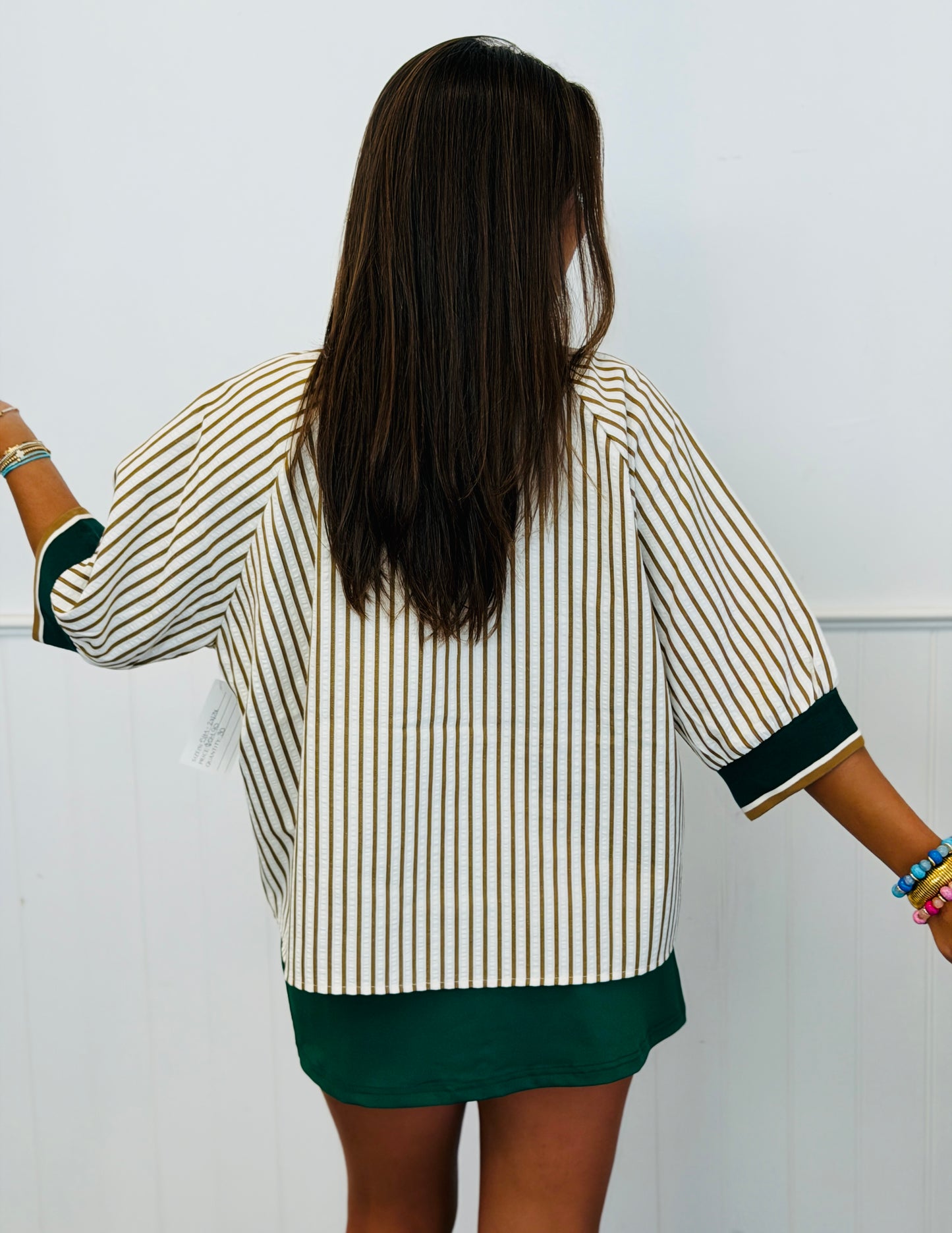 Off White/Olive Vertical Striped Polo Top (Reg. and Plus)