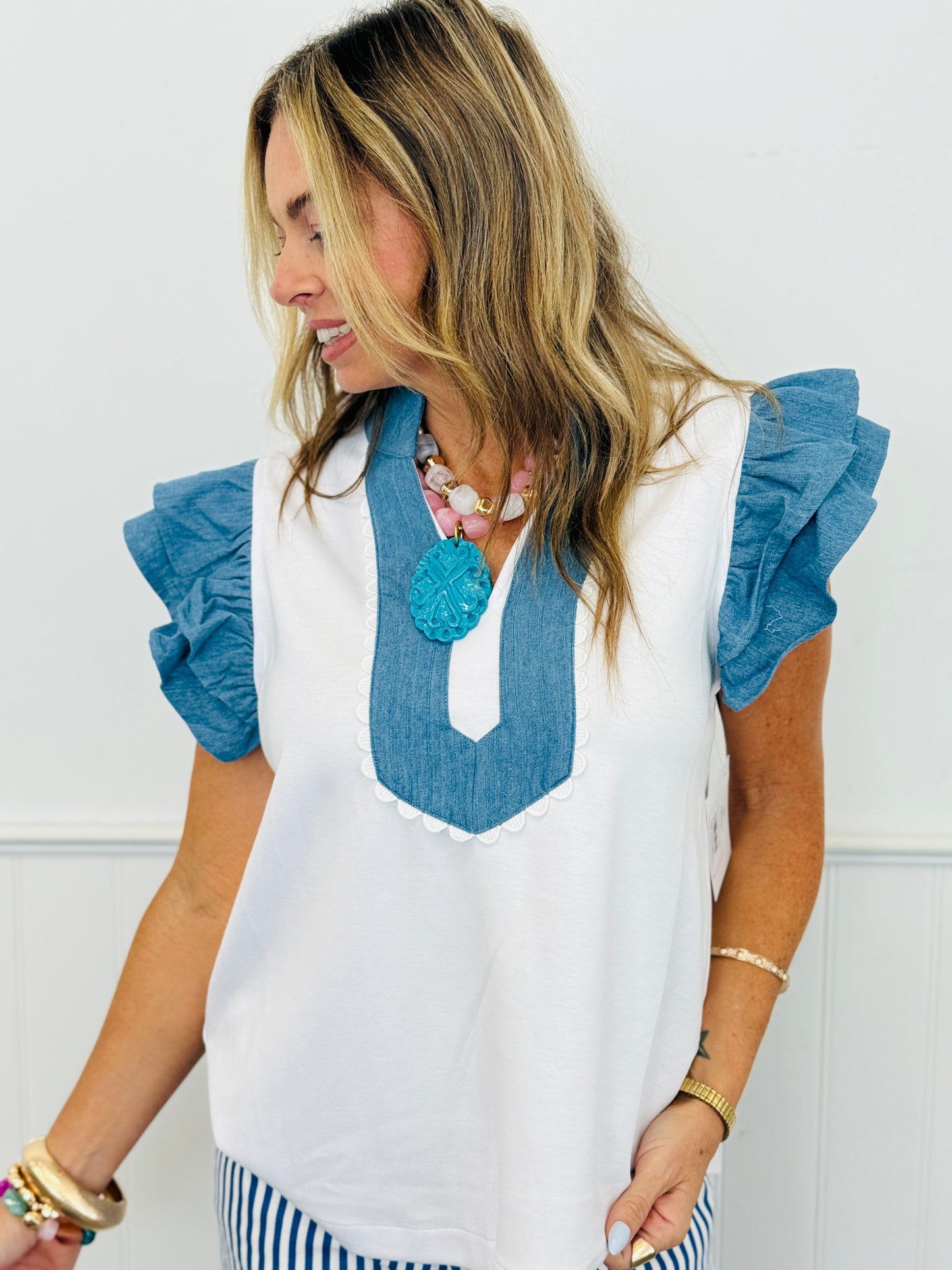 Off White Denim Contrast Flare Sleeve Top (Reg.)