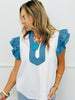 Off White Denim Contrast Flare Sleeve Top (Reg.)