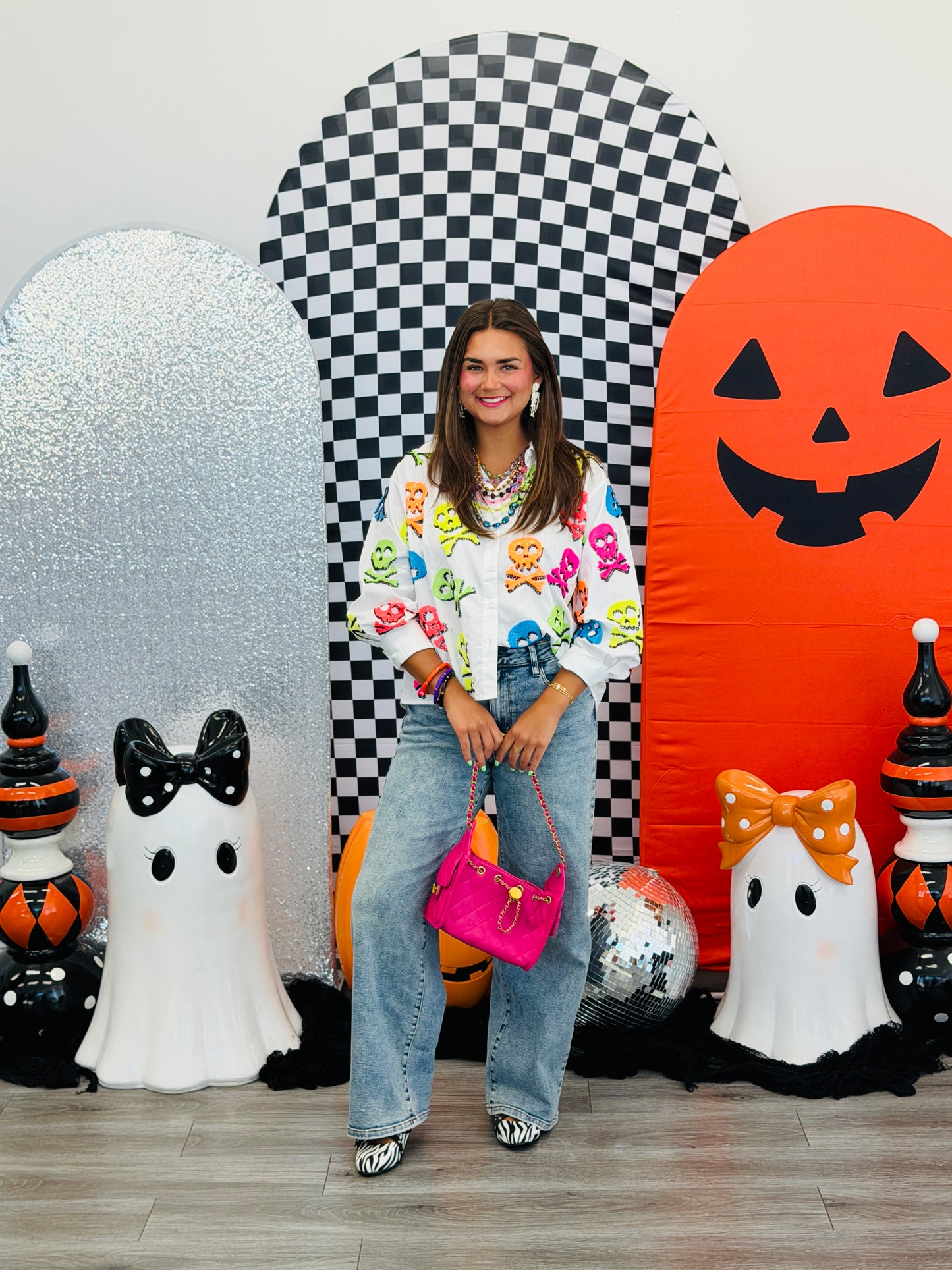 Queen Of Sparkles White Neon Multi Skull & Crossbones Top (Reg. and Plus)