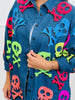 Queen Of Sparkles Denim Neon Skull & Crossbones Button Up Tunic Top (Reg. and Plus)